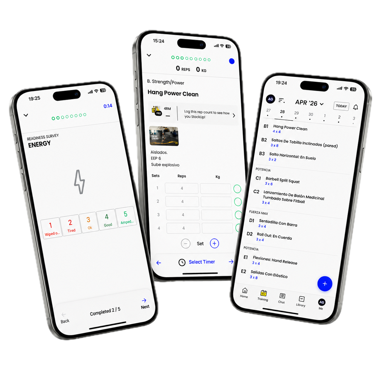 Mockup de la app de entrenamiento S4S con tres pantallas